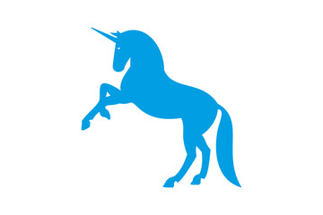Obraz na płótnie Canvas Blue vector Unicorn standing on hind legs. Fairly tale character. Unicorn logo silhouette on white background