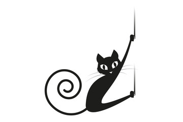 Black cartoon character of kitten. Cat climbing on the wall.