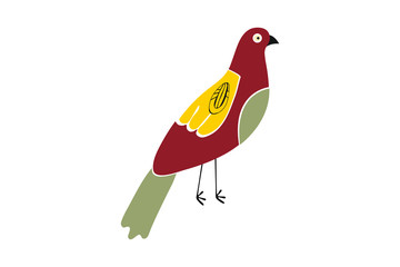 Colorful isolated vintage standing bird. Creative Red bird with yellow wings and green tail.