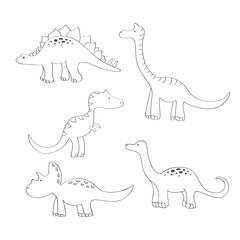 Cute dinosaurs. Vector illustration in doodle style. Hand drawn. Linear. Black and white.
