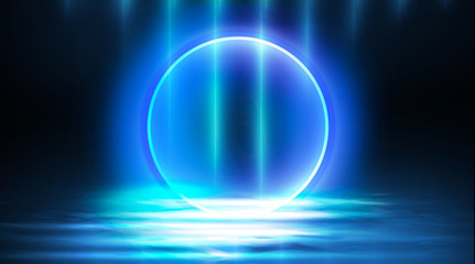 Neon circle, neon lights. Neon circle with the center of a dark empty scene with spotlights. Abstract light. Night view.