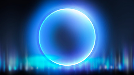 Neon circle, neon lights. Neon circle with the center of a dark empty scene with spotlights. Abstract light. Night view.