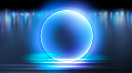 Obraz premium Neon circle, neon lights. Neon circle with the center of a dark empty scene with spotlights. Abstract light. Night view.