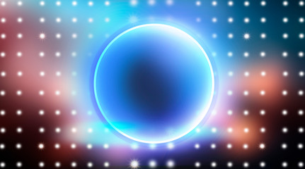 Neon circle, neon lights. Neon circle with the center of a dark empty scene with spotlights. Abstract light. Night view.