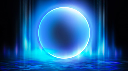 Neon circle, neon lights. Neon circle with the center of a dark empty scene with spotlights. Abstract light. Night view.