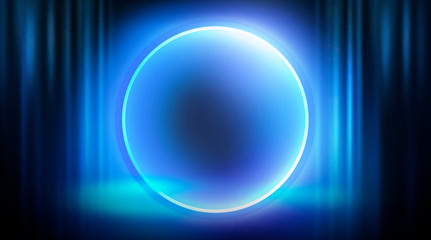 Neon circle, neon lights. Neon circle with the center of a dark empty scene with spotlights. Abstract light. Night view.