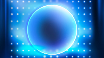 Neon circle, neon lights. Neon circle with the center of a dark empty scene with spotlights. Abstract light. Night view.