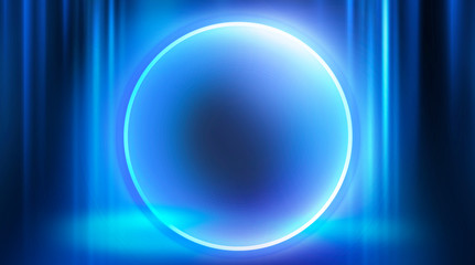 Neon circle, neon lights. Neon circle with the center of a dark empty scene with spotlights. Abstract light. Night view.