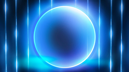 Neon circle, neon lights. Neon circle with the center of a dark empty scene with spotlights. Abstract light. Night view.