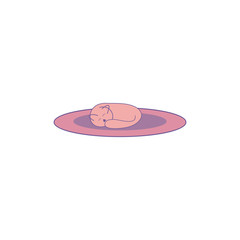A sleeping cat on a rug in a linear flat style.Modern pink and purple pastel colors.
