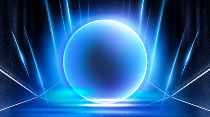 Neon circle, neon lights. Neon circle with the center of a dark empty scene with spotlights. Abstract light. Night view.