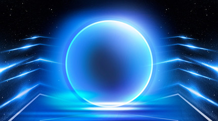 Neon circle, neon lights. Neon circle with the center of a dark empty scene with spotlights. Abstract light. Night view.