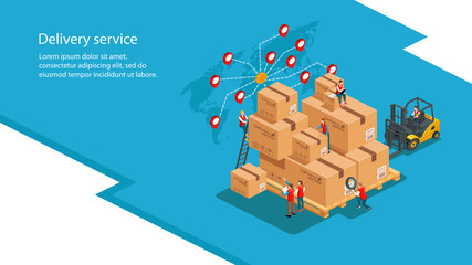 Isometric background of delivery and logistics concept. Warehouse with boxes, people and forklift truck. Worldwide cargo industry. Vector illustration © annagarmatiy