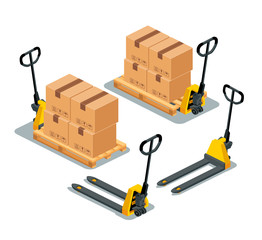 Isometric image of pallet jack. Manual forklift in different versions: back view, front view, with boxes and without. 3d effect vector illustration isolated on white background. Set.