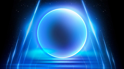 Neon circle, neon lights. Neon circle with the center of a dark empty scene with spotlights. Abstract light. Night view.