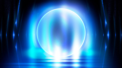 Neon circle, neon lights. Neon circle with the center of a dark empty scene with spotlights. Abstract light. Night view.