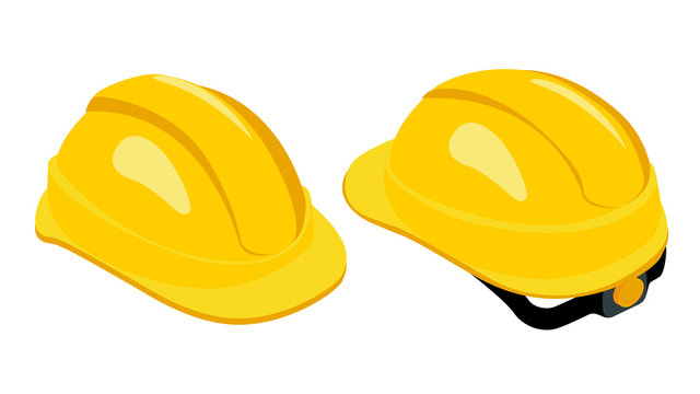 Isometric work safety helmet. Yellow hard hat. Rear and front view. Skullgard helmet isolated on white background. Protective work equipment. Vector illustration.