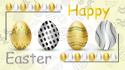 Set gold and silver eggs with pattern. Eggs Easter. Vector illustration, golden and silver eggs isolated on white background with shadow. Happy Easter