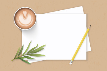 Flat lay top view elegant white composition paper yellow pencil tarragon leaf and coffee on kraft background