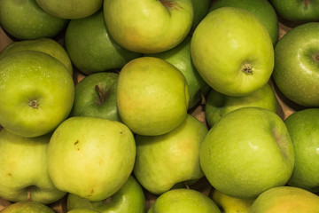 A large number of apples in the supermarket. Many green apples in a palette