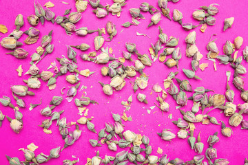 Dried rosebuds against bright pink background, top view.
