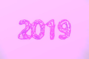 Happy New Year Banner with 2019 Numbers made by plastic wire isolated on trendy pink Background with godrays light in fog, mist or smoke. abstract 3d illustration