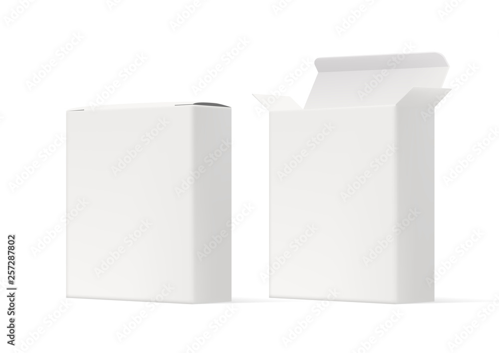 Poster Realistic Clear White Blank Cardboard Package Boxes Set. Open And Closed One