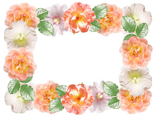 Beautiful floral frame of mallow and roses. Isolated 