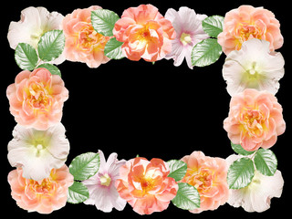 Beautiful floral frame of mallow and roses. Isolated 