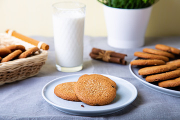 Oatmeal cookies with raisins. Homemade baking. Selective focus, close-up.