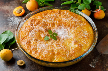 Sponge cake with apricots, dusted with icing sugar