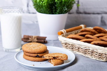 Oatmeal cookies with raisins. Homemade baking. Selective focus, close-up.