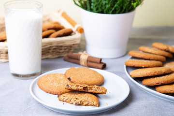 Oatmeal cookies with raisins. Homemade baking. Selective focus, close-up.