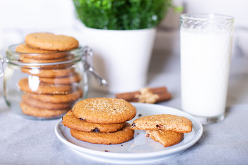 Oatmeal cookies with raisins. Homemade baking. Selective focus, close-up.
