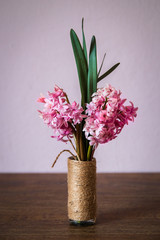 Pink hyacinth flower in homemade vase on wooden table