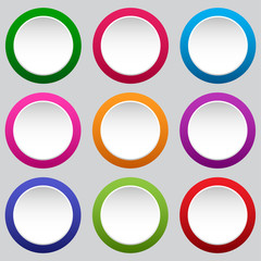 Set of round white buttons with colorful borders. Vector illustration