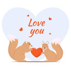 Couple of loving squirrels. One squirrel gives another a heart. Cute animals in love. Love theme card design, vector illustration.