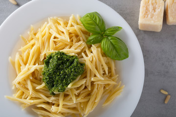 Classical italian trofie pasta with pesto sauce