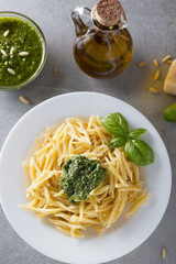 Classical italian trofie pasta with pesto sauce
