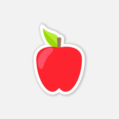  Red apple with stem and leaf. Cartoon sticker in comics style with contour.  Element of education illustration.Healthy vegetarian food. Vector isolated illustration on white background