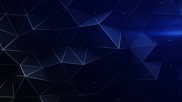 Futuristic low poly blue construction and light flares. Abstract 3D render of polygonal surface. Seamless loop smooth animation 4k UHD (3840x2160)