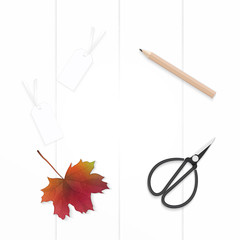 Flat lay top view elegant composition paper pencil autumn maple leaf tags and vintage metal scissors on wooden background