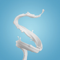 3d render, milk spiral splashing, liquid wave, white splash, paint, loops, curvy jet, isolated on blue background