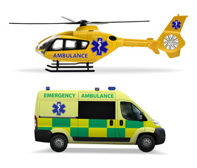 Emergency medical transport. Helicopter air ambulance and ambulance car. Realistic isolated objects on white background. Vector illustration.