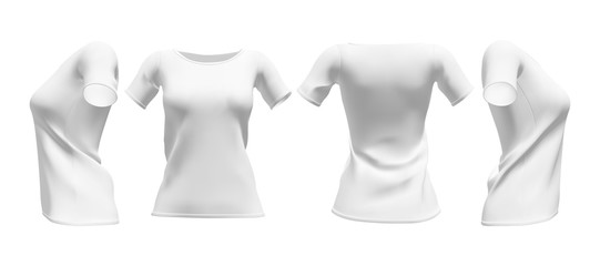 Realistic womens white t-shirt with short sleeves mockup set. Front, back and side view mockup. Isolated vector illustration.