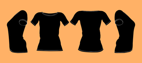 Flat womens black t-shirt silhouettes with short sleeves set. Front, back and side view. Vector illustration.