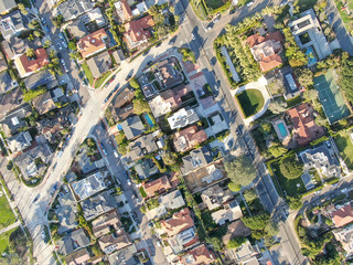 Aerial view of La Jolla little coastline city with nice beautiful wealthy villas with swimming pool. La Jolla, San Diego, California, USA.  West coast real estate development.