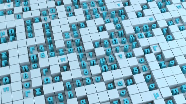 Blue symbols of greek alphabet and cubes. Dolly shot. Seamless loop 3D render animation