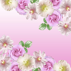 Beautiful floral background of lilac roses and mallow. Isolated