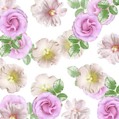 Beautiful floral background of lilac roses and mallow. Isolated